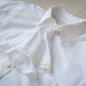 White Victorian jabot blouse, 70s secretary blouse, Elegant retro event top Women's MEDIUM size image 2