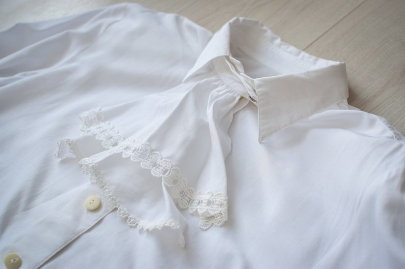 White Victorian jabot blouse, 70s secretary blouse, Elegant retro event top Women's MEDIUM size image 2