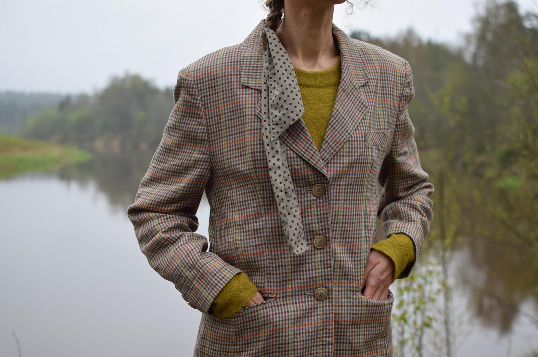 Vintage Linen Blazer: 90s Check Pattern Jacket, Women's Medium - Etsy