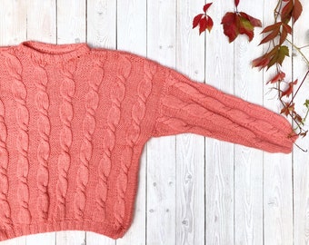 Cable knit pink sweater, 90s handmade jumper, vintage Christmas pullover, chunky wool sweater - Women's large size
