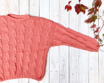 Handmade 90s Cable Knit Wool Sweater, Chunky Pink Jumper, Women's Large