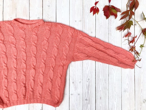 Cable knit pink sweater, 90s handmade jumper, vin… - image 1