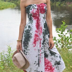 Vintage Tie Dye Strapless Playsuit Romper Dress Look | Boho Festival Outfit Y2K Style | Rayon Jumpsuit M/L | Beachwear One Piece