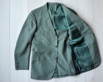 Vintage Grüner Baumwolle Blazer: 70s Taillierte Anzugjacke, Herren S