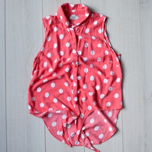 Vintage polka dot summer blouse, 90s retro lace tie crop top, Pink women&#39;s sleeveless shirt - Women&#39;s MEDIUM size