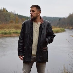 Glatte Leder-GREEK Vintage-Jacke, schwarze Echtleder Retro Moto-Überjacke - Herrengröße LARGE