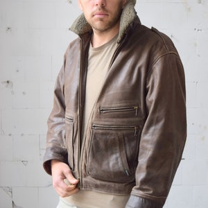 Leather aviator jacket, vintage winter jacket, real leather, biker jacket, brown moto jacket, 70s retro jacket, size M/L