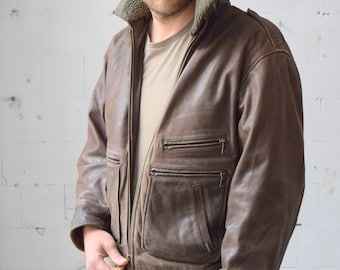 Vintage Braune Leder Pilotenjacke, Moto Biker Style, Grösse M/L