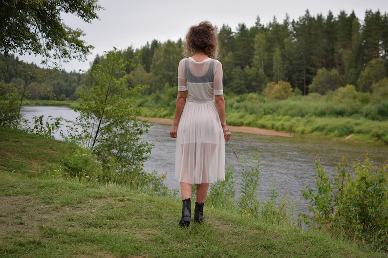 Romantic victorian summer dress White vintage summer dress Country midi dress 70s lace dress Partly transparent dress Small size image 9