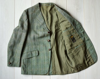 Veste en tweed écossais authentique des années 80, manteau de sport vert, costume vintage rayé, 100 % pure laine vierge, cadeau pour lui, mariage vintage, M pour hommes