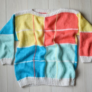 Color Block Wollpullover, 80er Vintage Pullover, Handgemachter Oversize Pullover, Gelber Pullover, Warmer Winterpullover, Vintage Geschenk, Damen L
