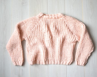 Handmade Pink Wool Blend Crop Sweater: Oversized Knit Jumper (M/L)