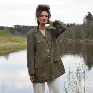 Green vintage jacket, German blazer, womens formal event khaki green spring overjacket, Elegant utility retro jacket - Women&#39;s LARGE size