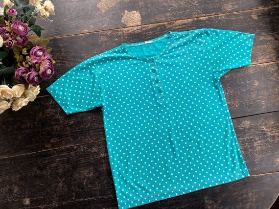 Blue-green (cyan) polka dot summer shirt - Vintag… - image 4