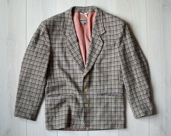 Gray PORTUGUESE houndstooth plaid checkered jacket, 90s retro woolen sport coat, Vintage wedding party blazer - Men's MEDIUM size