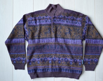 Pull vintage violet, pull-over grand-père, pull de Noël avec motif renne, pull en laine, sweat-shirt violet des années 80, taille homme S/M