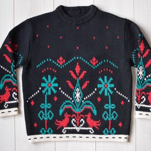 Black Aztec sweater, wool pullover sweater, 90s vintage jumper, folklore sweater, black jumper, floral knitwear, women&#39;s size M, Medium