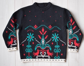 Vintage Azteken Blumen Muster Wolle Pullover, Grösse M