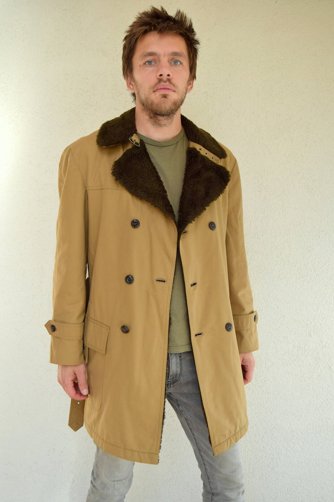 Vintage Beige Trench Coat With Faux Fur Collar, Retro Duster Coat