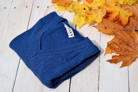 Blue woven sweater, vintage wool jumper, V neck s… - image 8