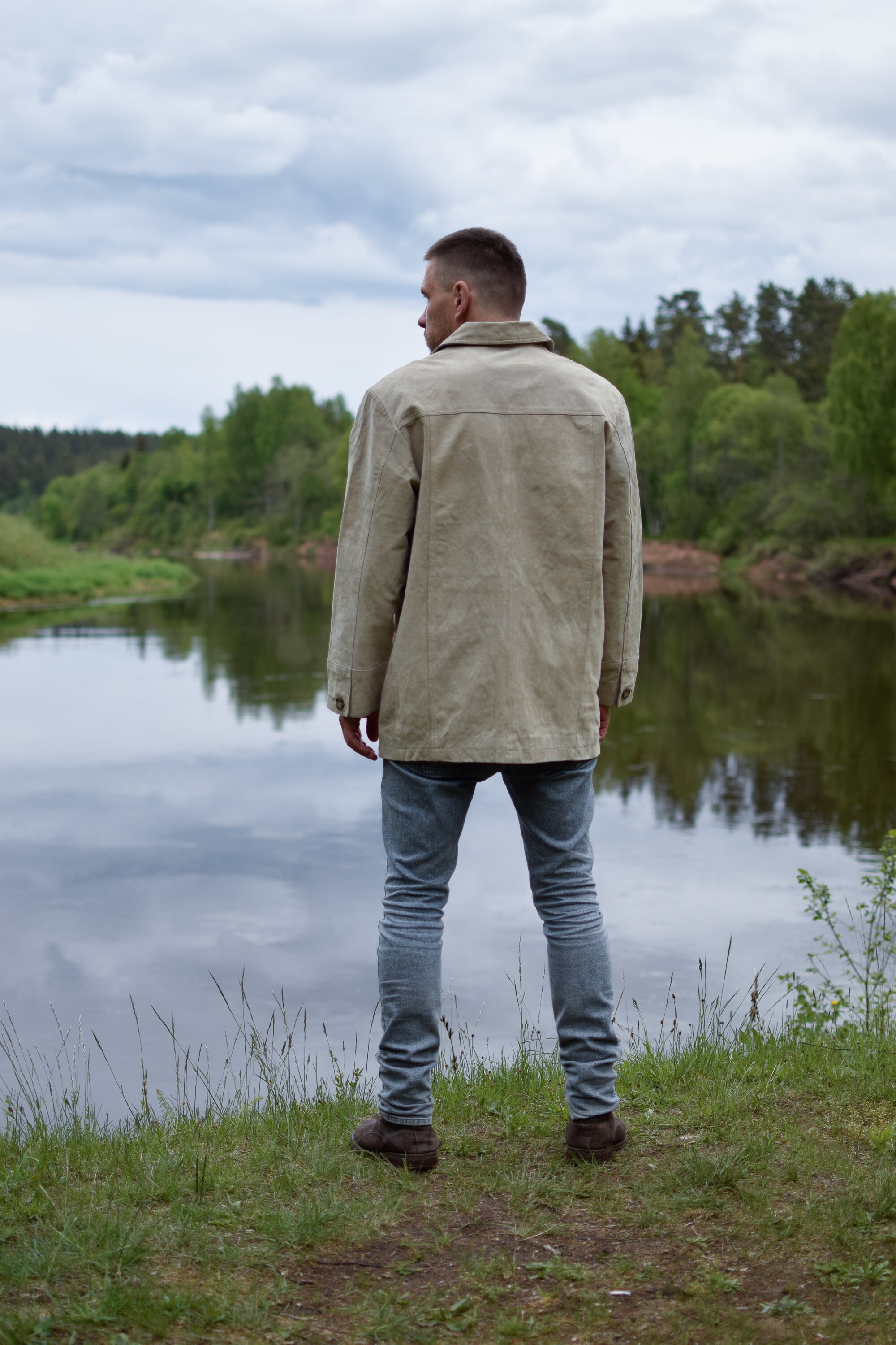 Beige Vintage Leather Overcoat - Suade 90s Slim Real Leather