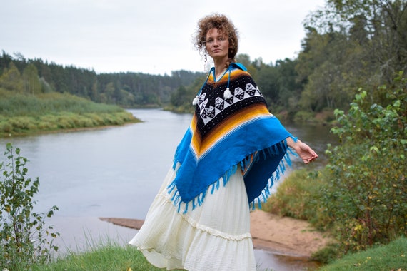 Navajo cape coat, Blue poncho, Vintage woolen fri… - image 7
