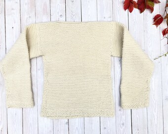 Jersey de punto color crema hecho a mano: jersey de lana estilo años 80, talla mediana.