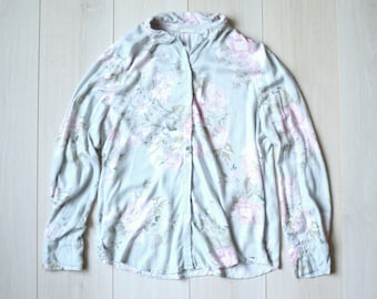90s Blumenbluse: Petrolfarbene Vintage Bluse zum Knöpfen