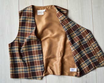 Gilet vintage à carreaux, gilet des années 90, gilet tartan marron, gilet unisexe en laine, gilet de costume vinage Kappahl, gilet de mariage vintage, M pour hommes,