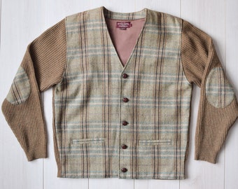 Plaid Lambs wool cardigan, Kitted 90s wool jacket, button up Nordic cardigan, 100% wool, brown men's jacket, grandpas jacket, Men's M/L