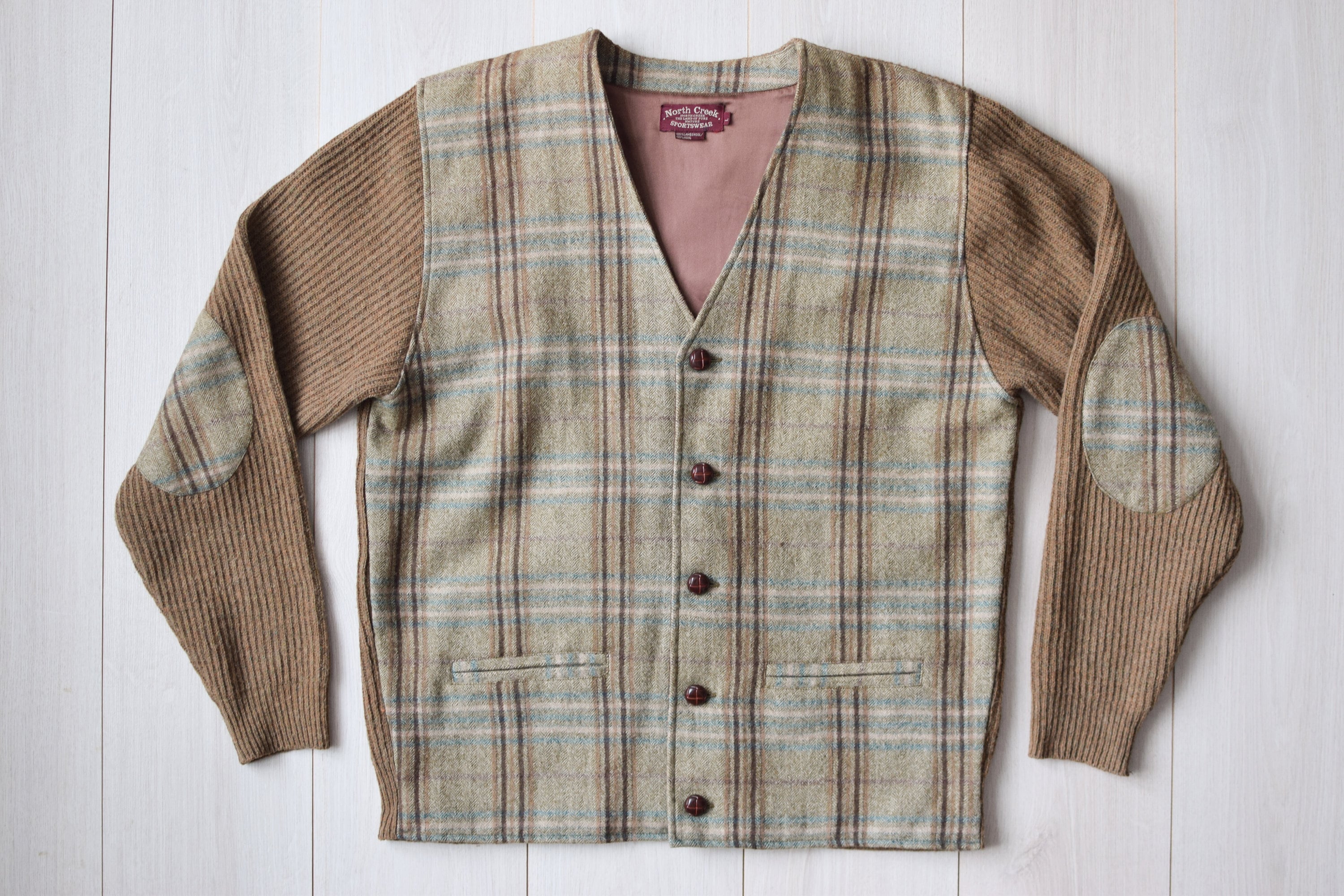 Plaid Lambs wool cardigan, Kitted 90s wool jacket, button up Nordic cardigan, 100% wool, brown men's jacket, grandpas jacket, Men's M/L