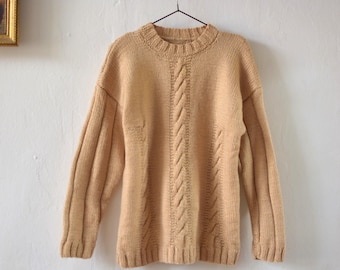 Hand Knitted Wool Cable Knit Sweater: Light Brown Vintage Jumper (Women's M)