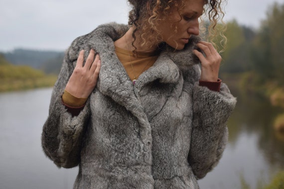 Vintage rabbit fur coat - Real fur jacket - Gray w