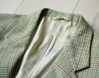 Light green check pattern 80s sport coat, All wool vintage 90s business blazer, Retro wedding party suit - Men's SMALL/MEDIUM size