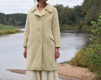 Wollen retro midi-jas - Warme winterjas uit de jaren 80 - Beige dames nordic overjas - Middelgrote damesmaat