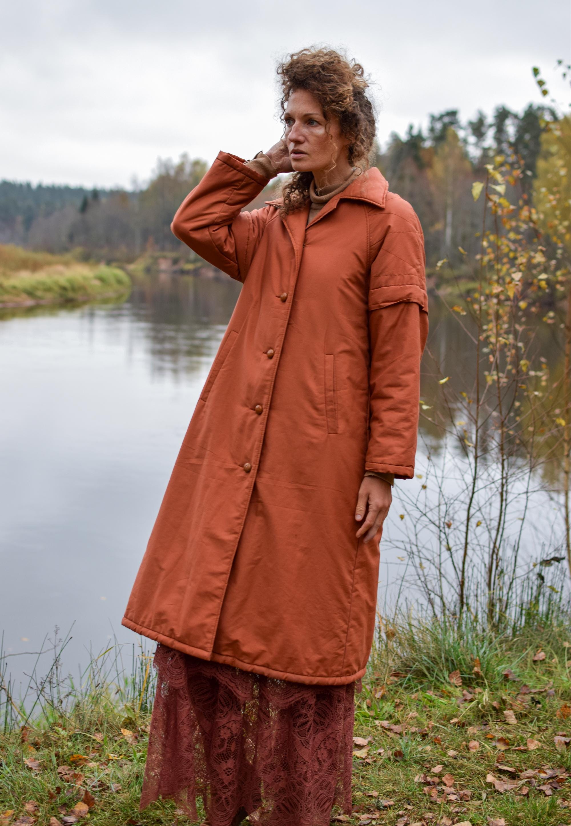 Vintage Burnt Orange Duster Coat, 90s Finnish Midi, Women's Medium