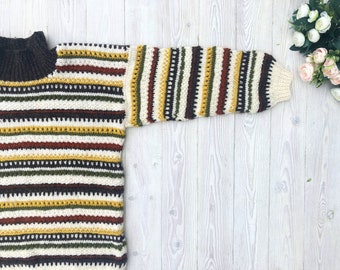 Warm handmade sweater - Vintage nordic 80s colorful jumper - High collar woolen pullover - Women's medium size