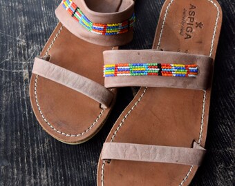 Sandalias kenianas de cuero hechas a mano: chanclas de verano con cuentas, talla 39