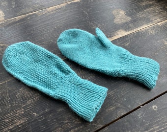 Hand Knitted Wool Blend Mittens – Mint Blue Winter Gloves, Medium