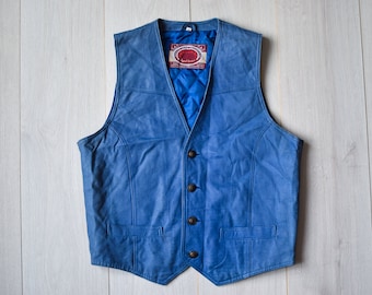 Blue leather vintage 90s vest, Real leather biker vest, Retro motorcycle vest - Men's SMALL size