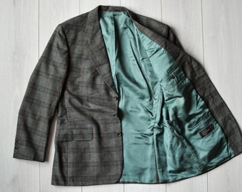 italian Ermenegildo Zegna sport coat, mohair blazer, green check plaid sport coat, 70s vintage suit jacket, gift for him, Men's size L, 54