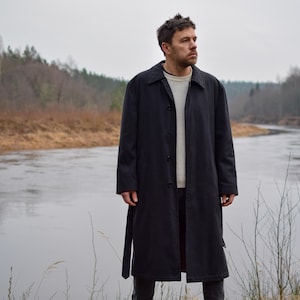 Vintage 90s wool trench coat, Retro formal event overcoat, Elegant dark gray topcoat, Classic Brittish midi coat - Men&#39;s MEDIUM size