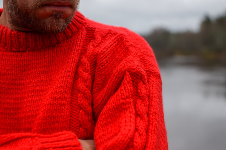 Red cable knit sweater, vintage wool jumper, pullover sweater, neon red, Red Christmas sweater, 90s knitwear, monochrome sweater, Men' M image 2