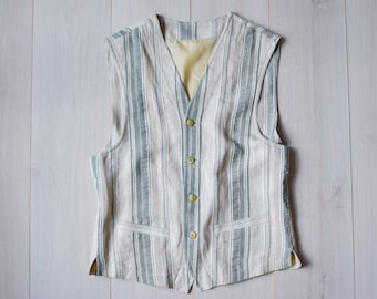 Striped linen vest, summer waistcoat, beige 70s vest, hippie vest, boho festival wear, light green vintage vest, women's M/L