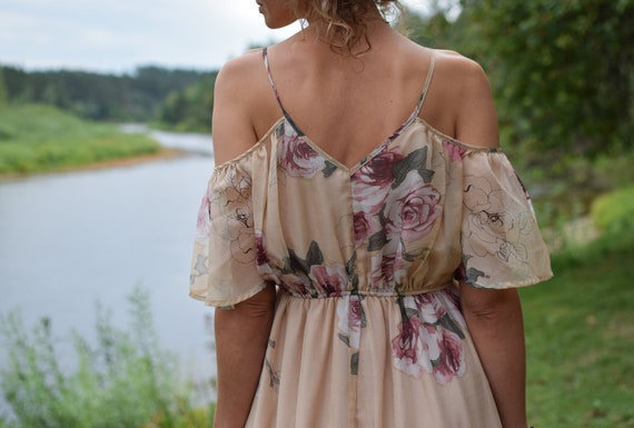 Champagne Color Vintage Summer Bridesmaid Dress Full Lenght Bohemian Floral Pattern Dress off the Shoulders Women s Medium Size Etsy UK