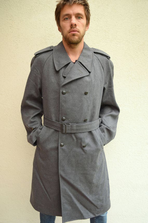 Gray Vintage Trench, Wool Coat, 80s, Men Long Coat, Winter Jacket
