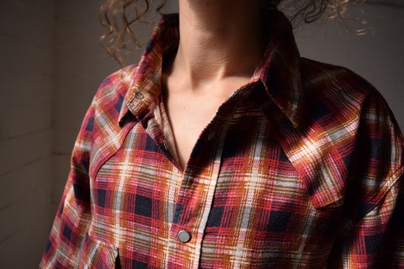 Red Vintage Plaid Flannel Shirt Long 