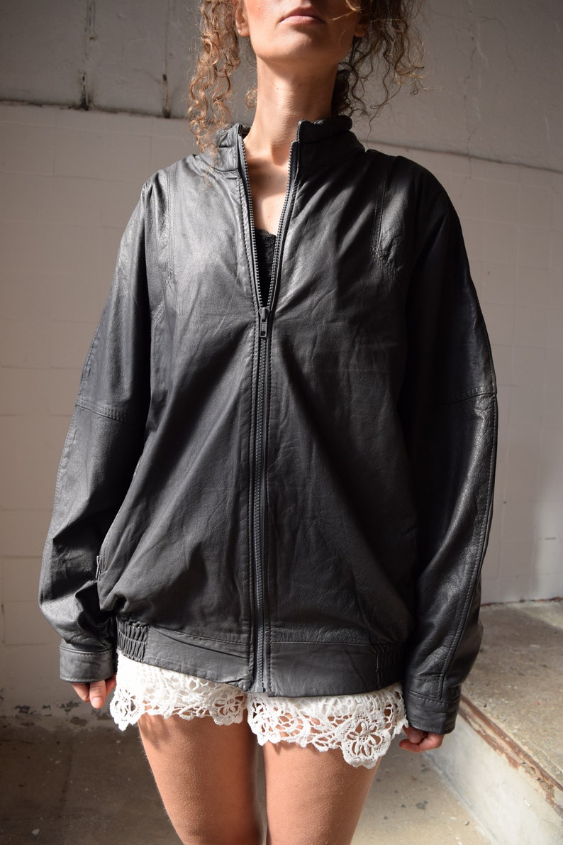 Black leather jacket, rockstar leather outdoor jacket, spring coat, biker custom jacket, men topcoat, women leather, vintage coat, M/L image 5