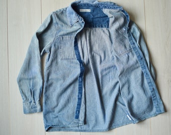 Vintage Bleached Blue Denim Shirt - 90s Grunge Jeanswear, Men's Small