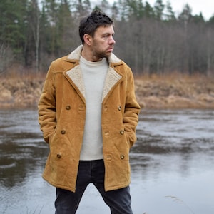 Vintage Sweadish shearling jacket, Retro suade leather overjacket, Real leahter winter topcoat, Cozy winter overcoat - Men&#39;s MEDIUM size